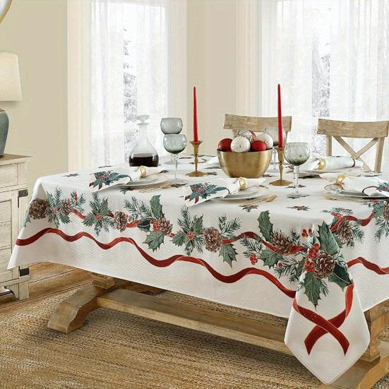 Christmas Tablecloth Winter Snowman Xmas Tree Wreath Design Rectangle Tablecloths Washable Fabric Table Cover for Dining Holiday Parties Decor