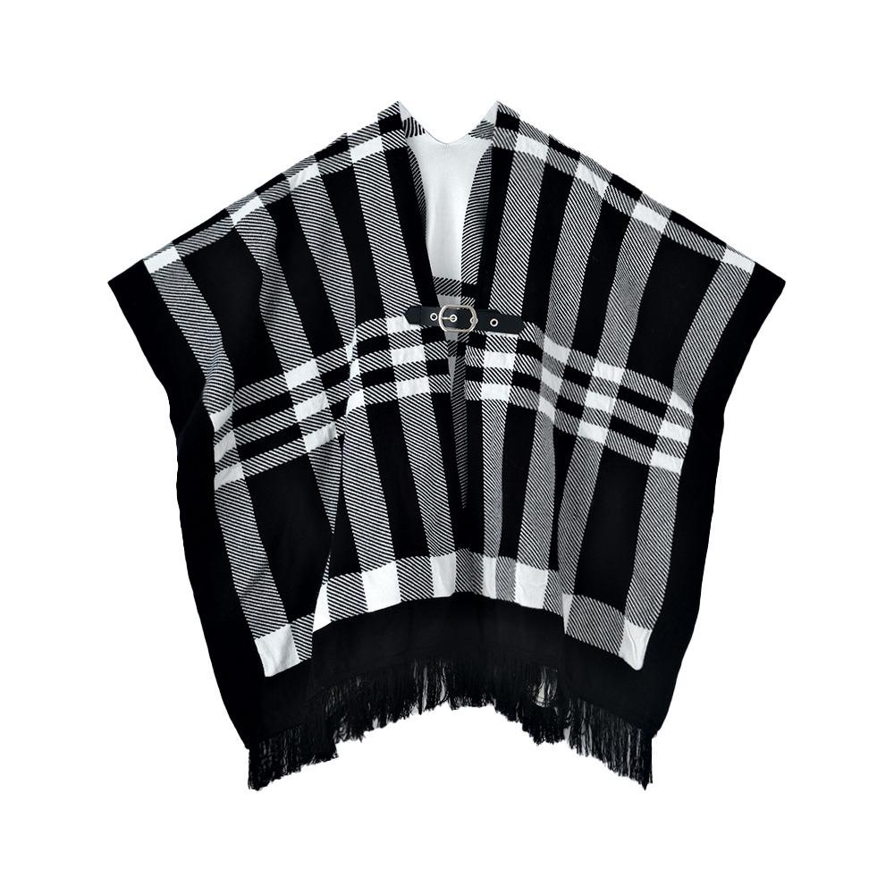 Hot Autumn and Winter New Fringed Cape Plaid Shawl Soft Waxy Sweater Knitted Cardigan with Double-sided Cape