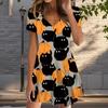 Summer Fashion Women's V Neck Short Sleeve Pumpkin Pattern Printed  Dress Sex Short Skirt Dresses