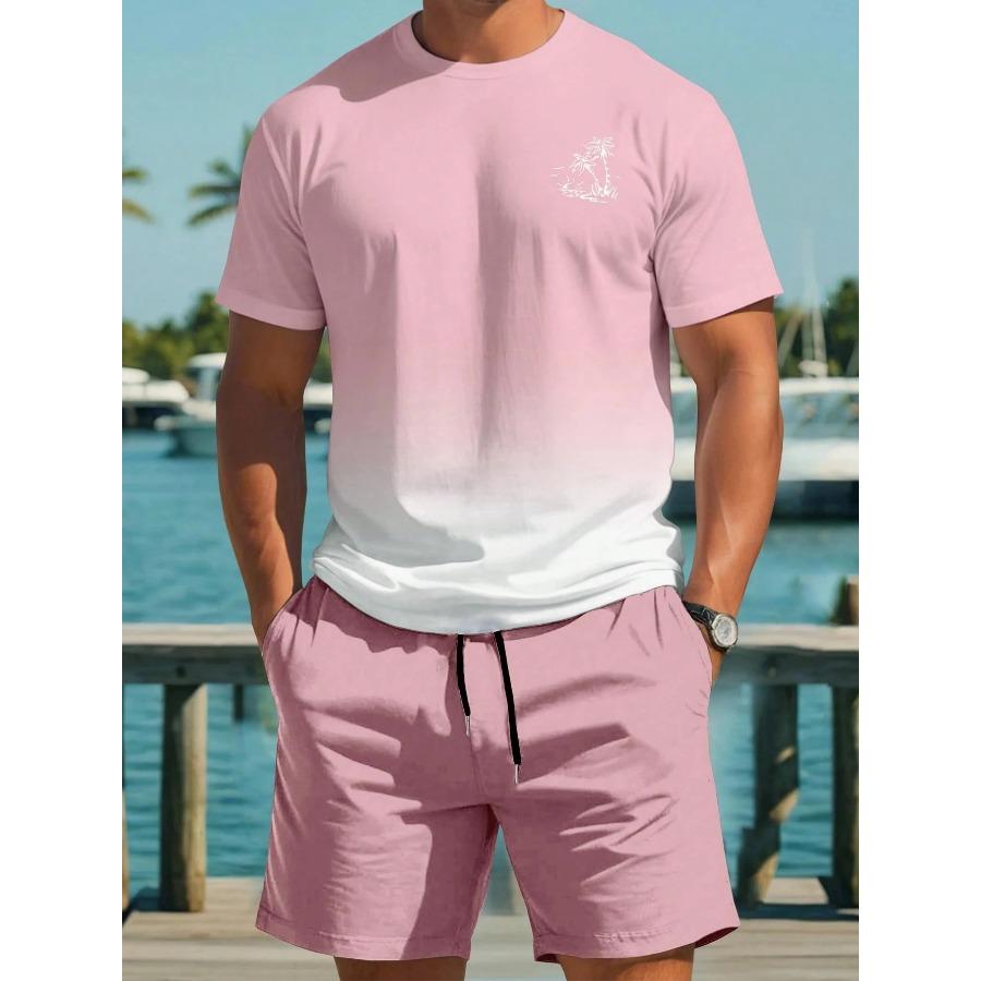 Gradient Color Short Sleeve Tee and Shorts Set Fashion Hawaiian Vacation T-shirt Drawstring Shorts 2-piece Set Men's Clothing
