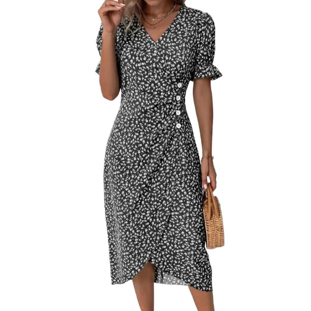 Mode Femme Été Printemps Imprimé Floral Manches Courtes Col en V Robes Décontractées KTB