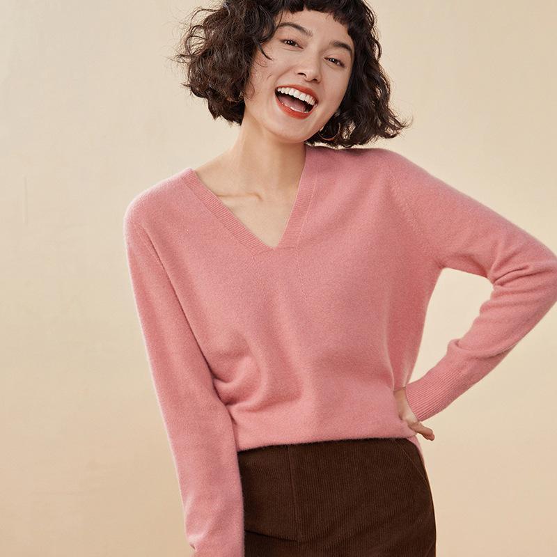 Women's Candy Color V-Neck Cashmere Sweater - Fashionable Knit Base Layer for Autumn/Winter 2025.