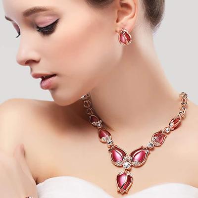 Fashion Latest Stylish Rose Gold Tulip Design Earrings Necklace Jewellery Set For Women