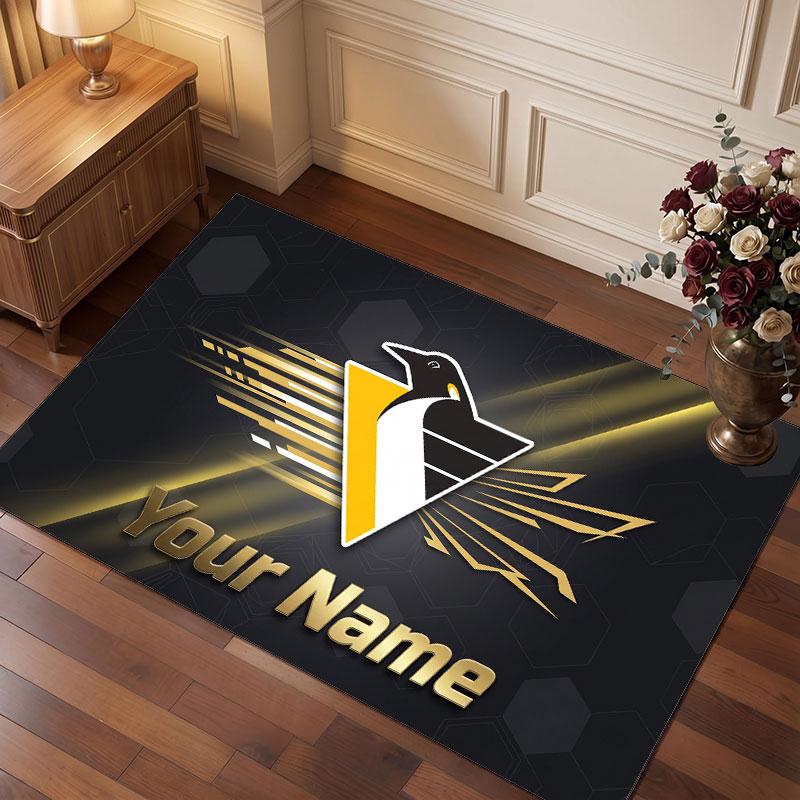 Pittsburgh Penguins Personalized Crystal Velvet Carpet, Customized Name Text Soft Anti‑Slip Rug for Living Room Bedroom