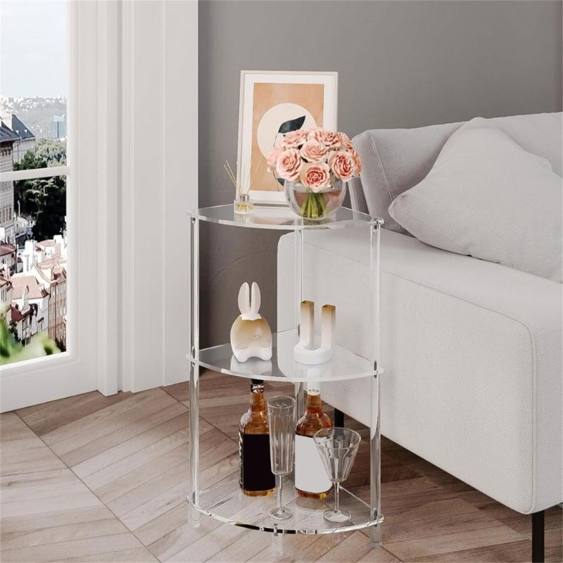 Clear Sturdy Acrylic Corner Shelf Three Tiers Side Table Accessory for Living Room or Bedroom Space Saving Designs