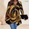 Women Plus Size V Neck Long Sleeve Irregular Split Hem Tunic Top Black Golden Swirl Print