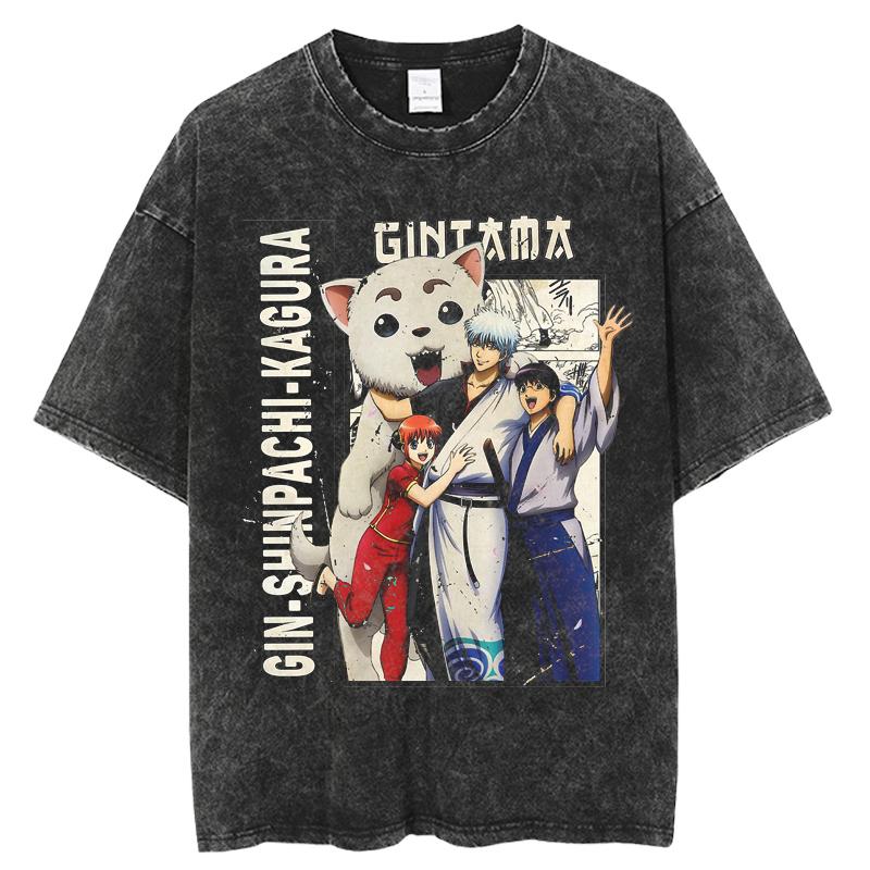 Japanese Anime Gintama T-shirt Sakata Gintoki Graphic Vintage Washed Oversized T Shirt Men's Clothing Polyester Short Sleeve Tees