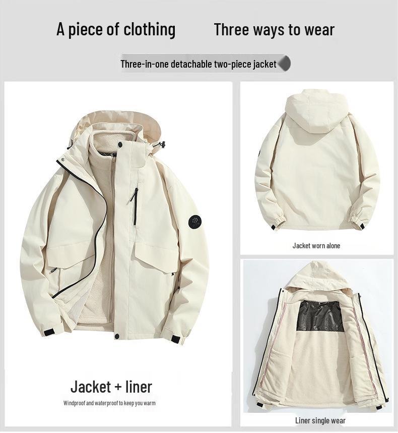 Giacca Impermeabile 3-in-1 con Cappuccio e Fodera in Pile Staccabile per Sport Outdoor Autunnali e Invernali