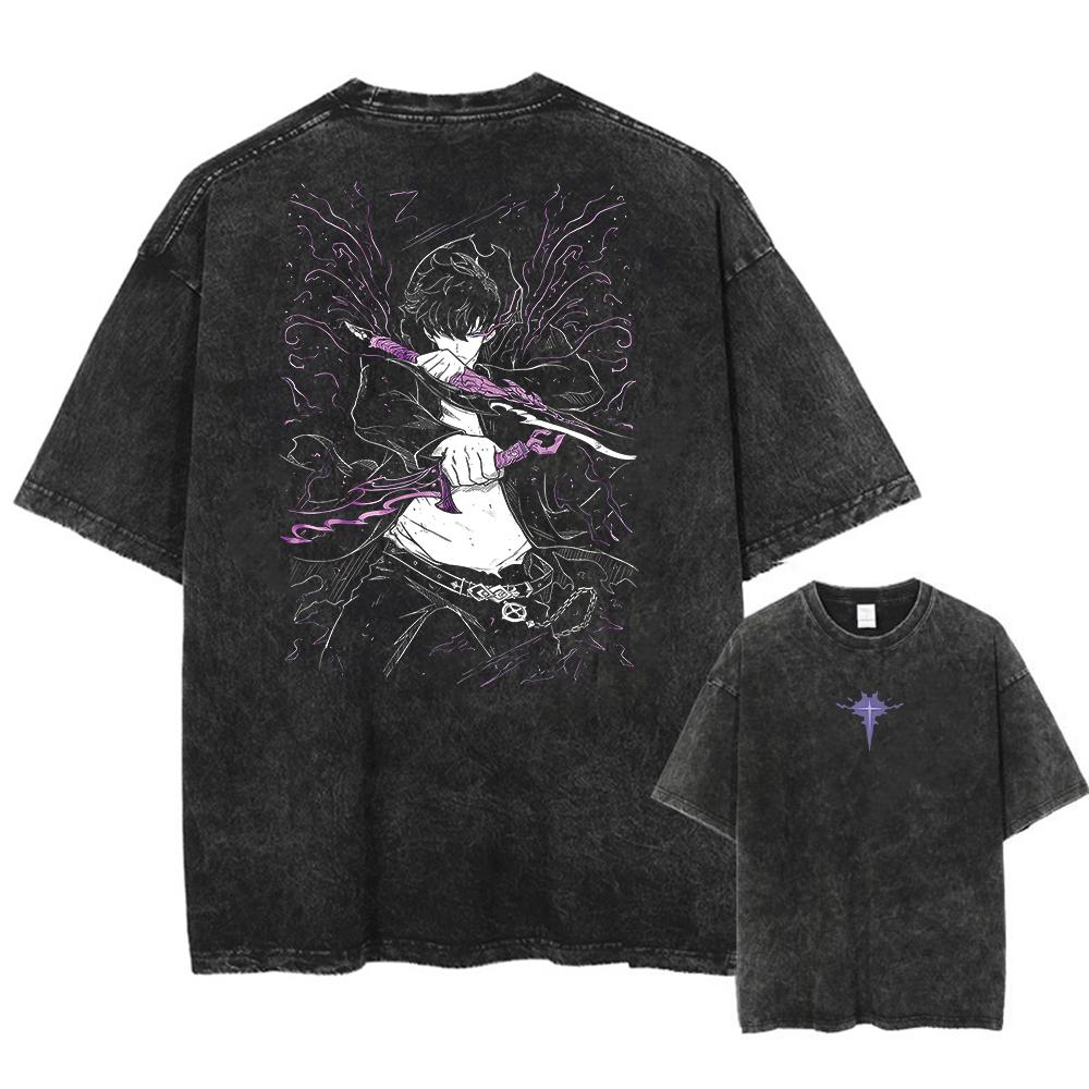 Men's Women's Vintage Washed Cotton T Shirt Streetwear Anime Solo Leveling Graphic Print Tops Harajuku Loose Short Sleeve Tees
