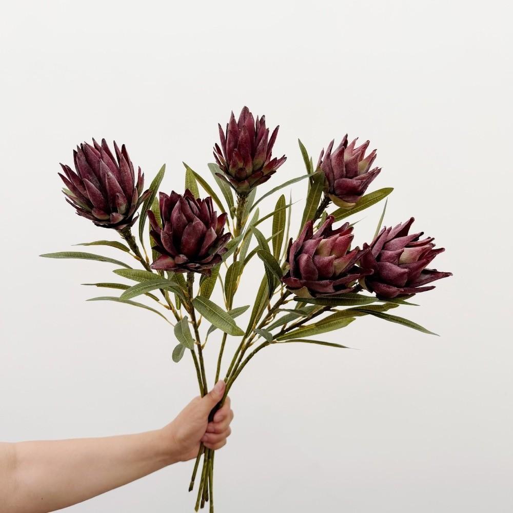 Floral Display Artificial Emperor Protea Flowers Flocked Faux Thistle Flowers Flower Arrangement