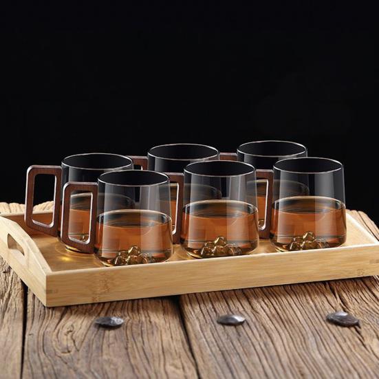 450ML Vintage Glass Cup with Wood Handle Heat-Resistant Mountain Bottom Clear Coffee Mug Large Capacity Tea Milk Water Drinking Cup
