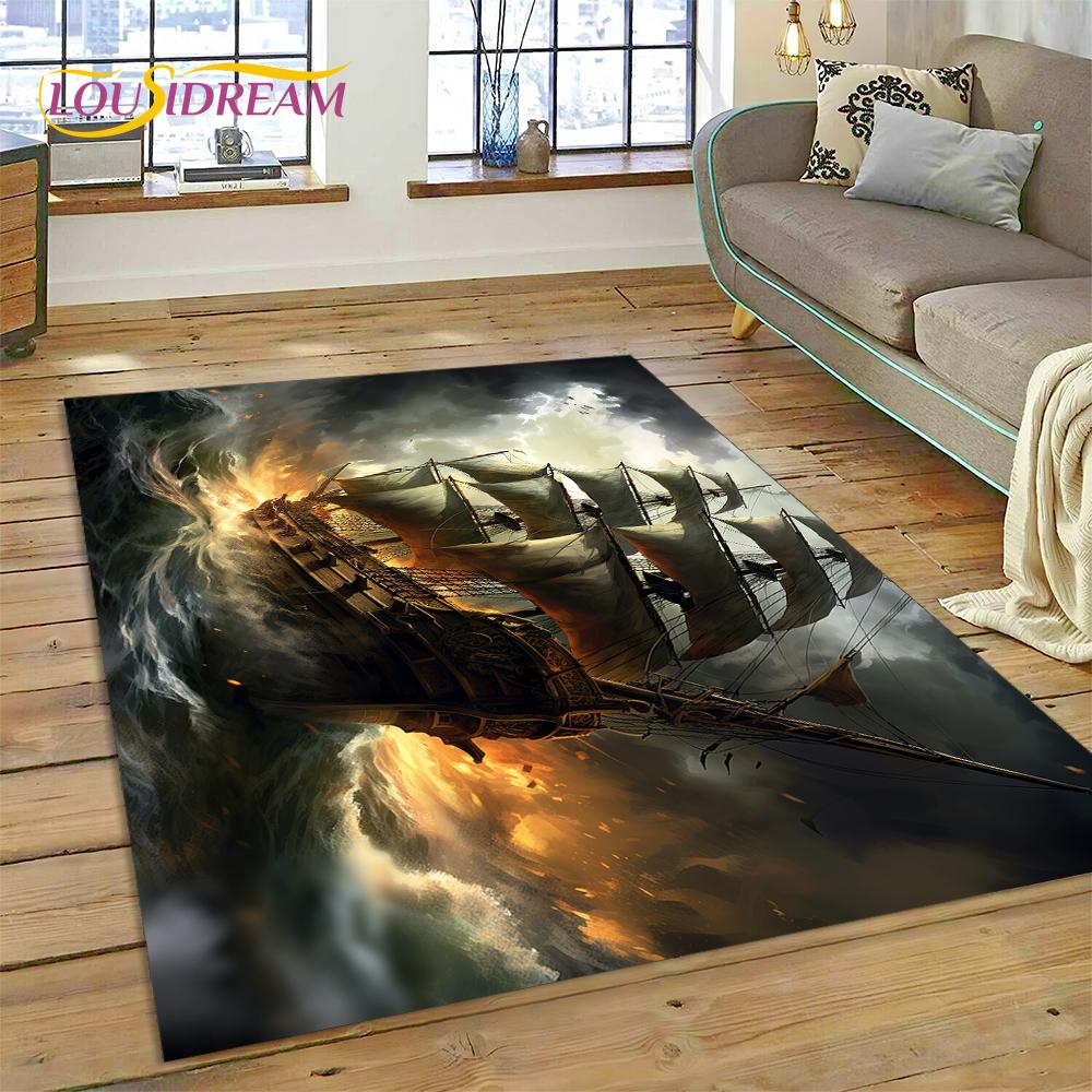 Ancient Pirate Ship Boat,Barque,Sailboa Rug Carpet for Living Room Bedroom Decor,Floor Mat Non-slip Decoration for Sofa Doormat