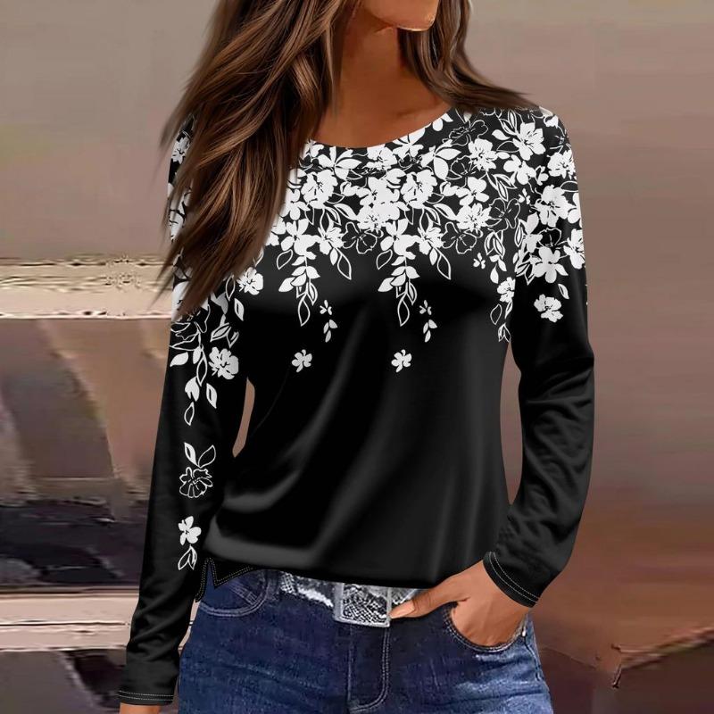 T-shirt Femme Imprimé Pétales Tombantes 3D Mode Manches Longues Col Rond Haut Régulier Vêtements de Vacances Week-end Printemps et Automne
