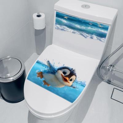 Selbstklebender Pinguin Meereswelle Toilettenspülkasten Aufkleber Wasserdicht Abnehmbar Lustige Dekoration für Zuhause Badezimmer Toilettendeckel