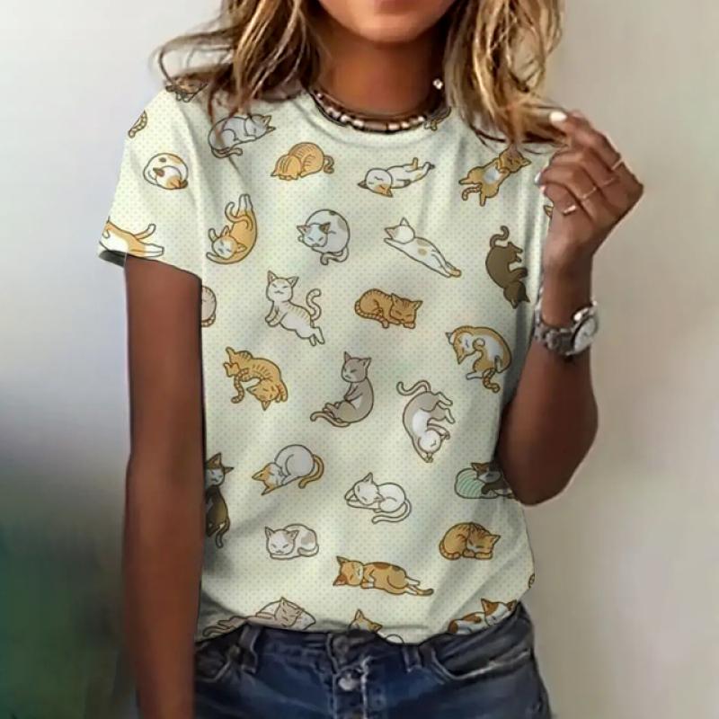 Cat Women Clothing Print Tshirt Summer Crew Neck Short Sleeve Loose Casual Top Cute Print Short Sleeve Womens Fashion Tshirt