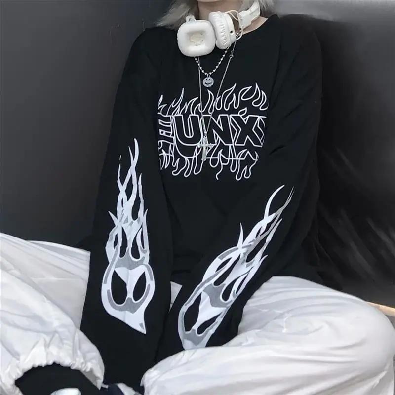 Harajuku Oversize Long Sleeve T-shirt E Girl Anime Printed Japanese Streetwear Hiphop Punk O-neck Gothic Casual T-shirt Tops for Girls Y2k Club Style