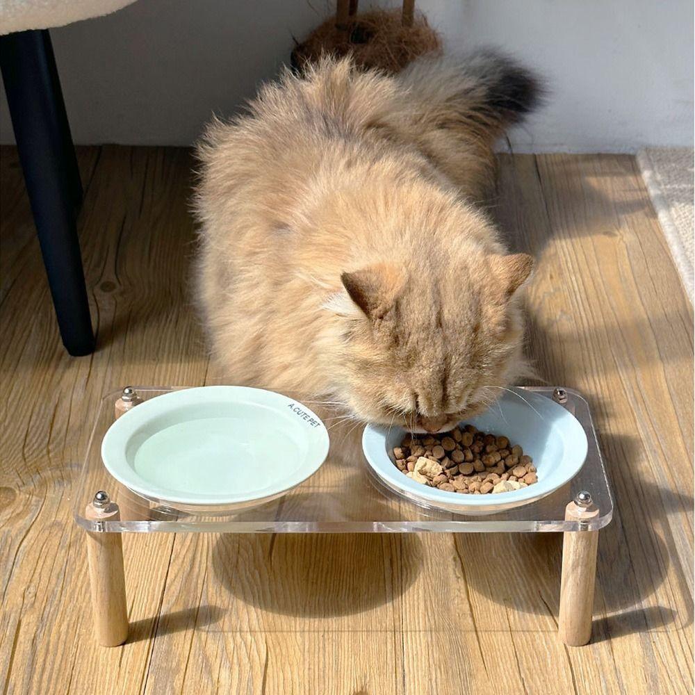 Single/Double Bowl Cat Bowl with Acrylic Stand Protect Cervical Spine Anti-Spill Ceramic Pet Food Basin Increased Height
