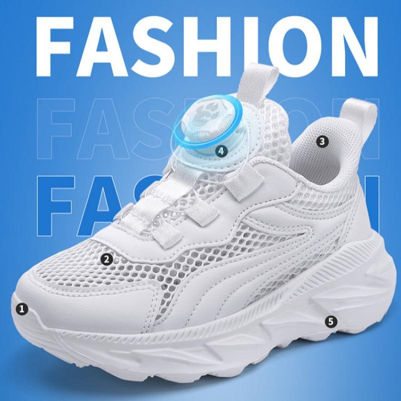 Children's Mesh Rotating Buckle Running Shoes Summer Low-top Hollow Breathable Sports Shoes White Shoes