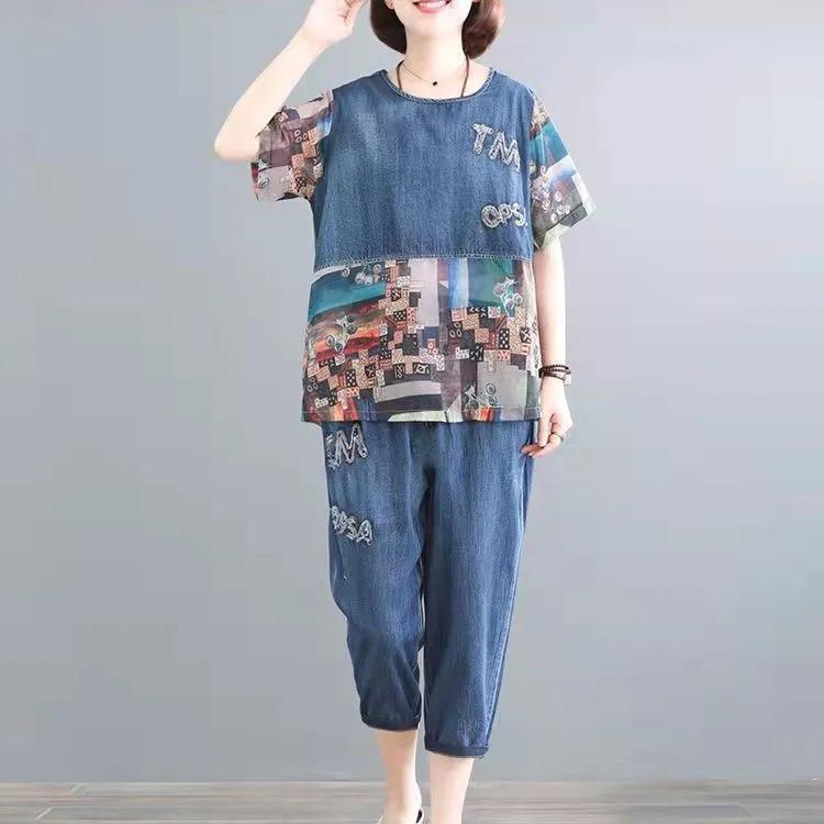 5XL Summer Women's Jeans Sets Spring Summer Printed Stitching Fashion Female Sets Thin Denim Cropped Trousers Mother 2Pcs