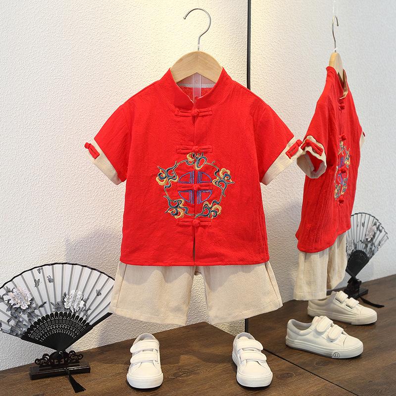 Boys Summer Suit Suit Handsome Children Chinese Style Cotton and Linen Summer Thin Section Baby Hanfu Two-piece Suit