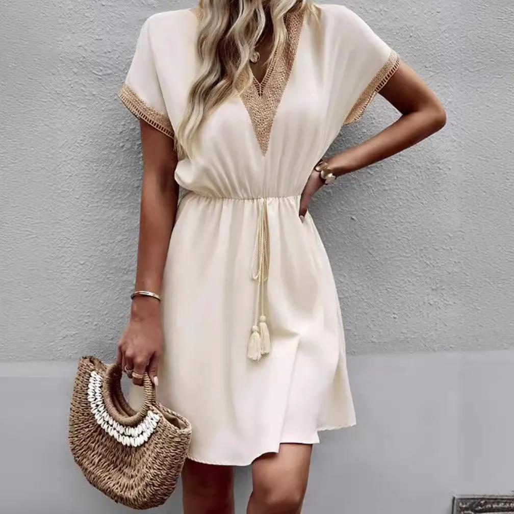 Jednofarebné ležérne voľné krátke šaty pre ženy Módne letné dámske áčkové midi šaty Elegantné vintage dámske šaty
