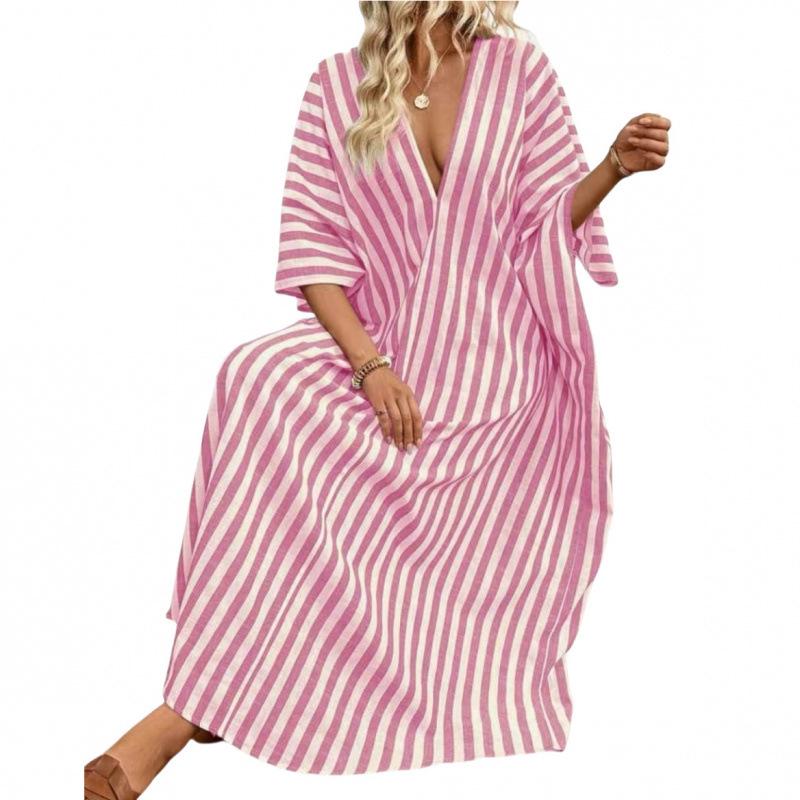 European & American Summer 2026 V-neck Striped Loose Casual Beach Dress