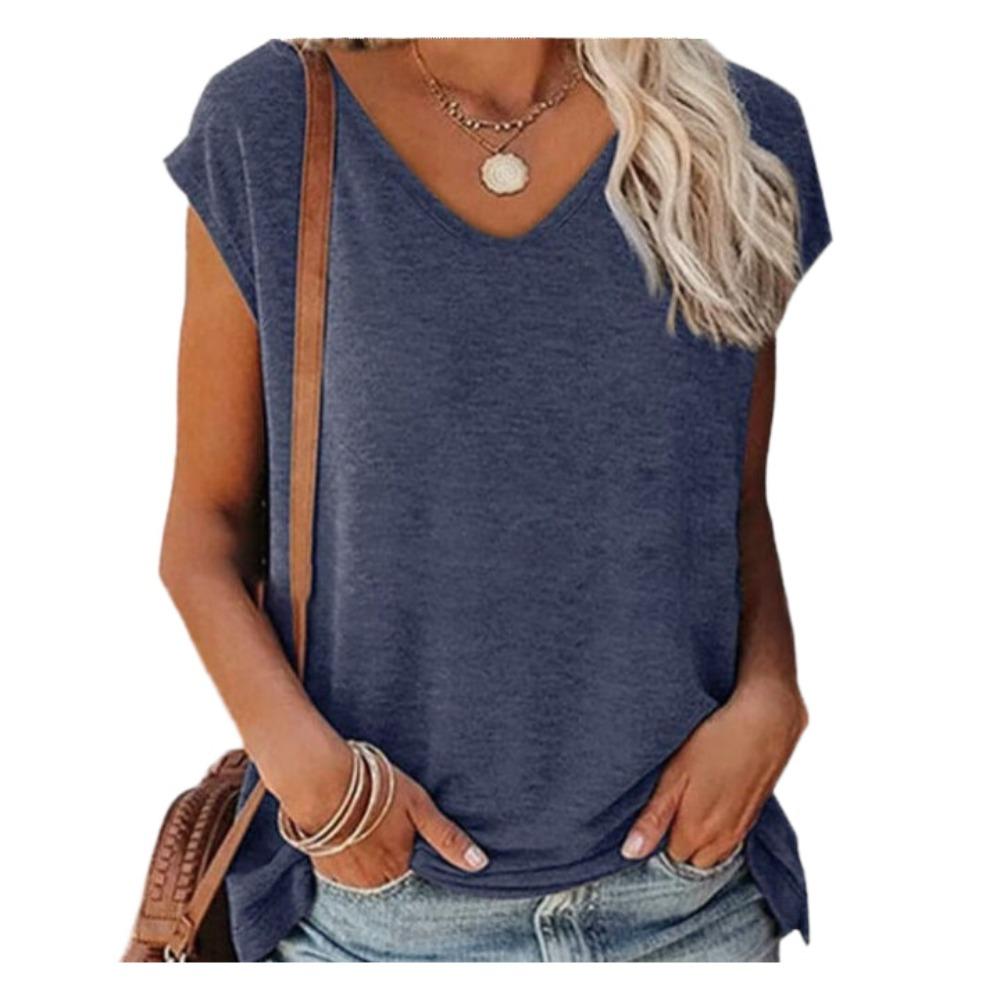 Jednokolorowe koszulki damskie z dekoltem w serek, Lekkie, miękkie bawełniane t-shirty na wiosnę i lato, Codzienne podstawowe topy