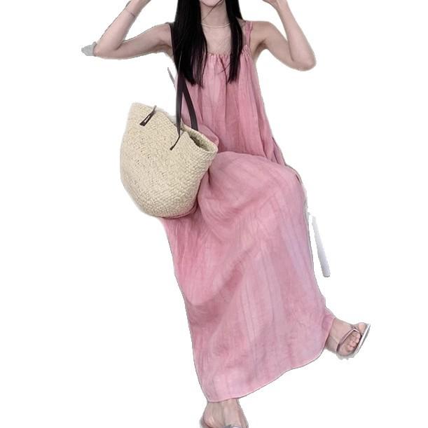 Summer Pink Suspender Neck Dress Women's Loose Fat Mm Seaside Dress Sleeveless Seaside Piece Clothes