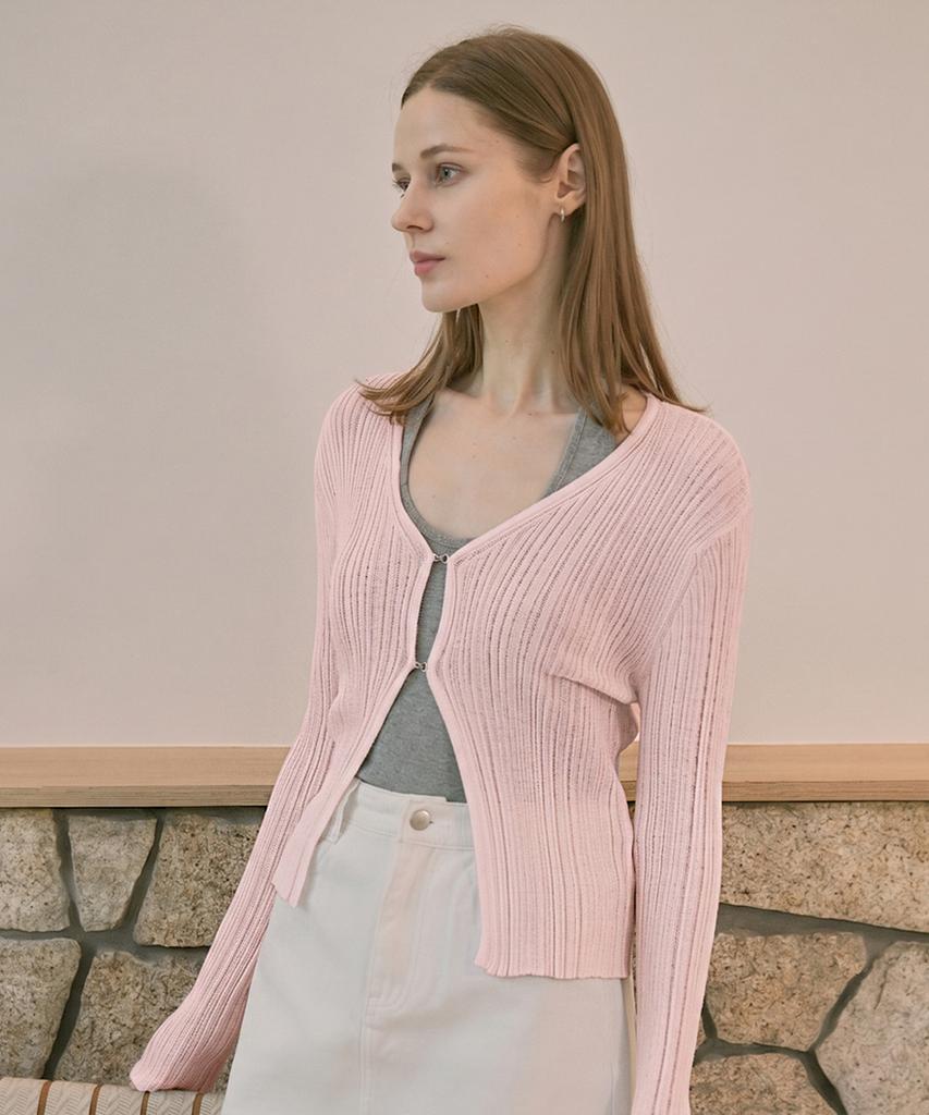 VLETI Summer V-Neck Hook Front Ribbed Bolero (Powder Pink)