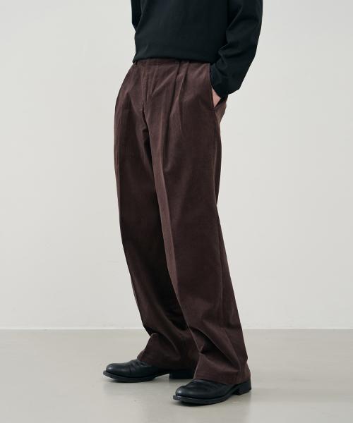 ARRAYED Straight Wide Two-Pleat Elastic Corduroy Pants [Navy]