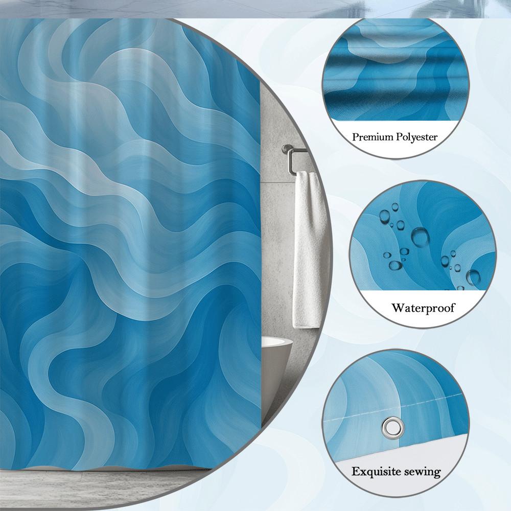 Blaue Wellenmuster Duschvorhang Maschinenwaschbar Ganzjahres-Wasserdicht Sichtschutz Abstraktes Design Modern 12 Haken