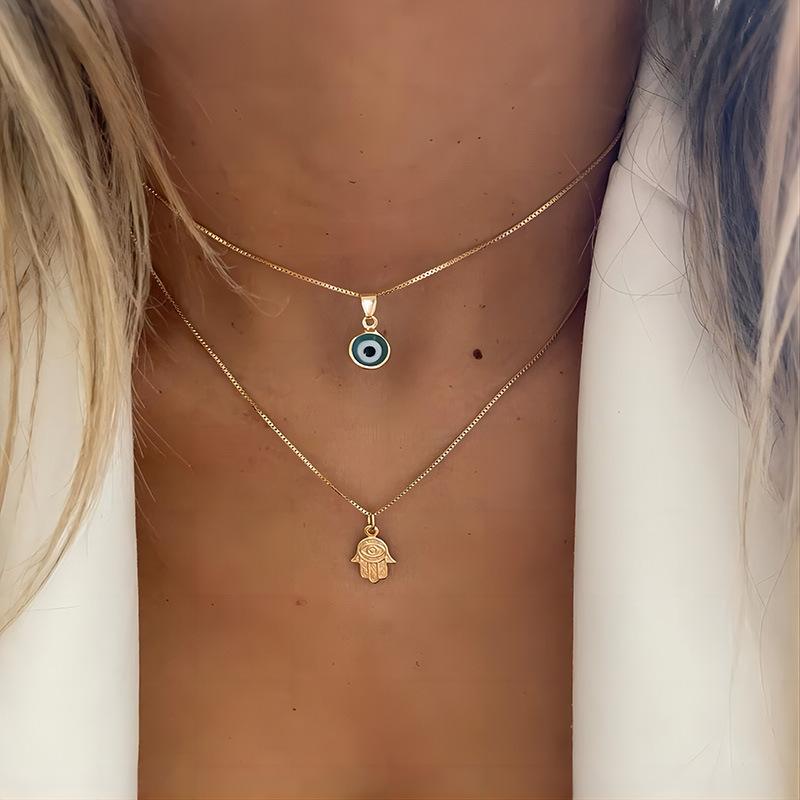 Minimalist Double Layered Evil Eye Hamsa Hand Necklace for Women Turkish Blue Eye Pendant Choker Party Aesthetic Amulet Jewelry