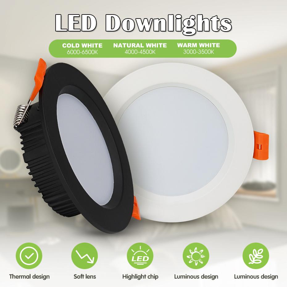 LED Infälld Downlight AC220V 3W 5W 7W 9W 12W 18W Drivlös Takdekoration Spotlight Inbäddad SMD-lampa Vit/Svart Downlight