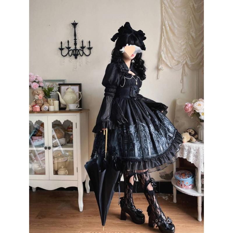 Spring Summer Women Party Dress Lolita Costume  Pattern Skirt Court Style Female Black Long-Sleeved Exquisite Daily Elegant Dress