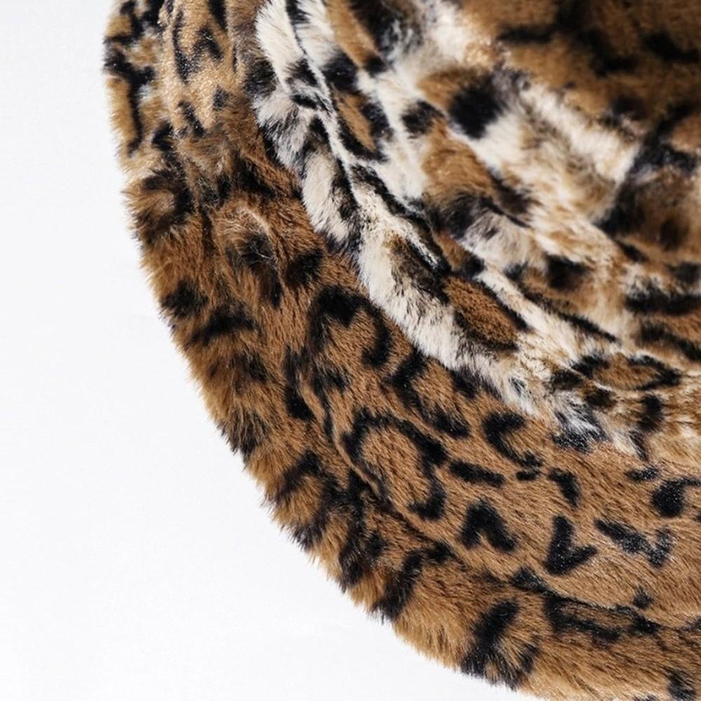 Korean Style Leopard Print Bucket Hat Windproof Thicken Winter Warm Hat Soft Trendy Women Plush Bucket Hat Autumn and Winter