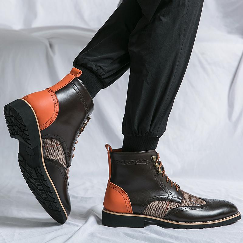 Men Brogues Motorcycle Casual Ankle Boots Plaid Stitching Personality Demi-season Boots Wingtip Dress Formal Leather Tuxedo Wedding Shoes