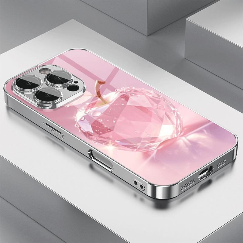 Rosa Kristall Med Äpple Mönster Härdat Glas Galvaniserat Fodral För iPhone 17 16 15 14 13 12 Pro Max Plus 16E 17Air Skydd