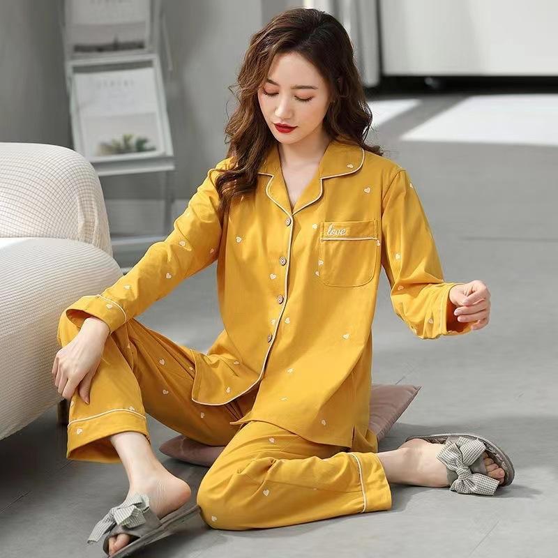Pajamas women's spring and autumn 100% pure cotton long-sleeved plus size purple high-end autumn and winter cardigan loungewear two-piece set