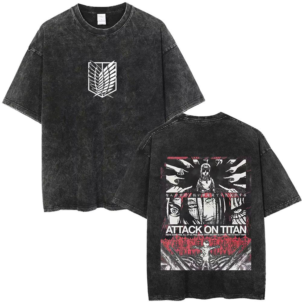Washed Vintage Anime Attack On Titan Eren Jaeger Graphic T-shirt Men Women Cartoon Manga Merch T-shirts Male Oversized T Shirts