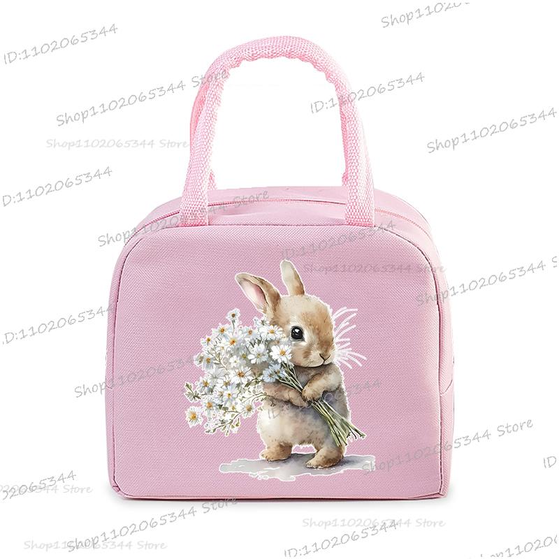 Cartoon Rabbit Series Print Portable Lunch Bag Women Kids Food Thermal Box Multi-function Office Bento Insulated Bunny Handbag