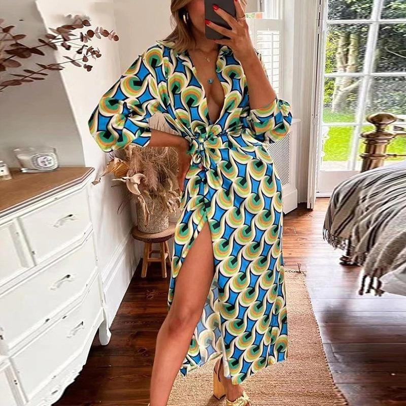 Vår och höst Damklänning Modetryckt Lanternärm Tie Slit Lapel Dress Explosion Color Collision Medellånga klänningar