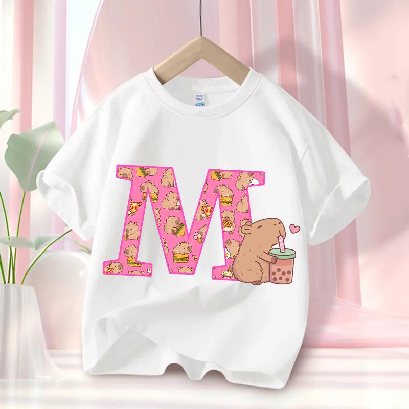 Summer Capibara Anime Letter Cute Printed Children's T-shirt Girls Short Sleeve Fashion Tops Kids Clothes Casual Tees