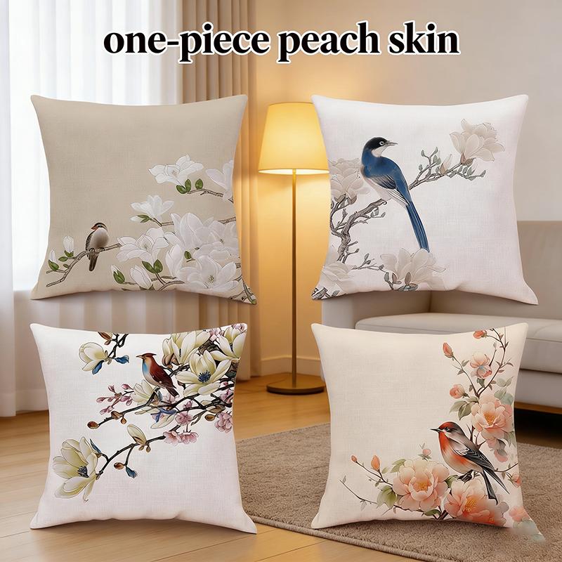 Vintage Oriental Floral Bird Print Cushion Cover Peach Skin Oriental Throw Pillowcase Sofa Living Bedroom Home Decor Pillow Case