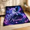 Leaping Unicorn Name Coral Fleece Blanket Personalized Fantasy Decor