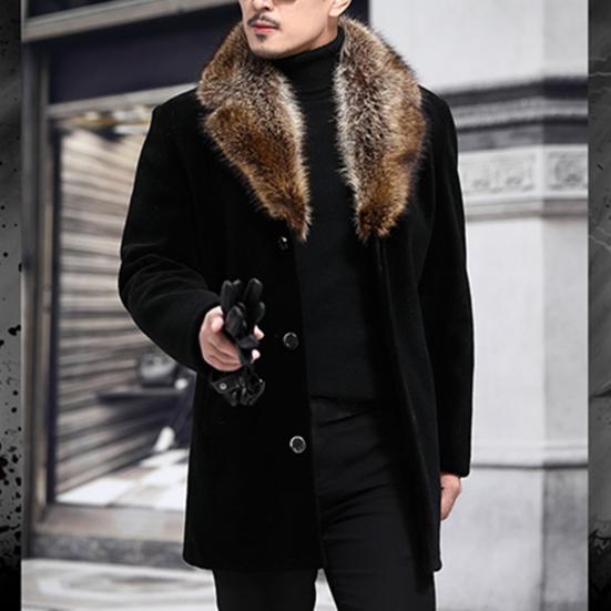 Men Woolen Coat Faux Fur Collar Solid Color Single-breasted Slim Fit Coldproof