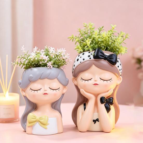 Cute Girl Face Planter Planter Decorative Small Resin Girl Head Plant Pot