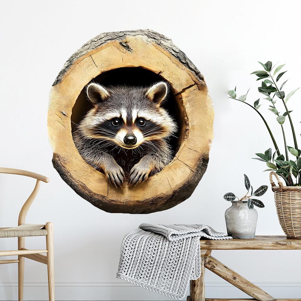 Creative 3D Simulation Tree Hole Raccoon Living Room Bedroom Background Wall Stickers