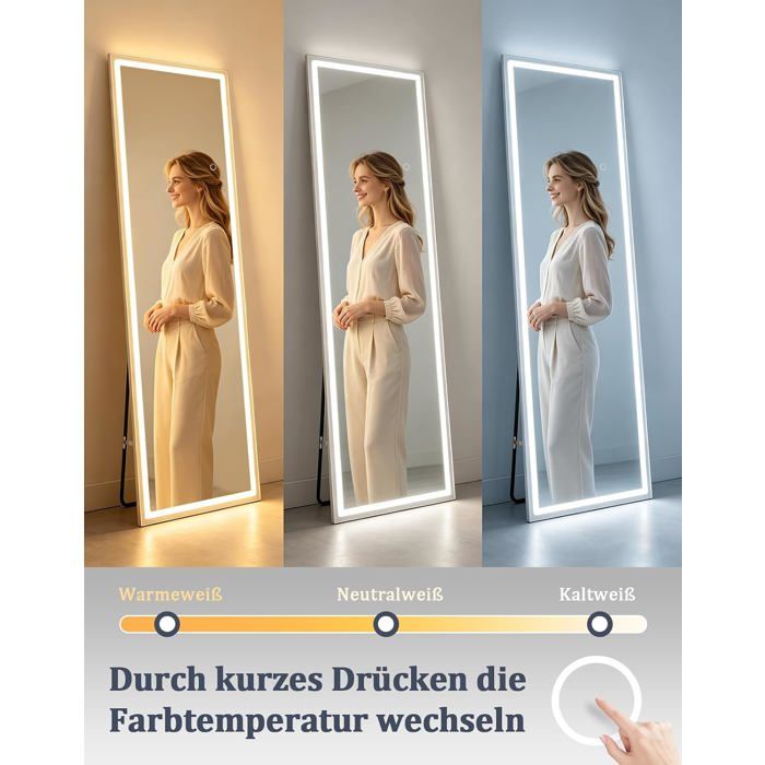 Miroir pleine longueur - NETTLIFE - 160x50x34 cm - Éclairage LED 3 couleurs tactile - Sur pied & fixation murale - Blanc