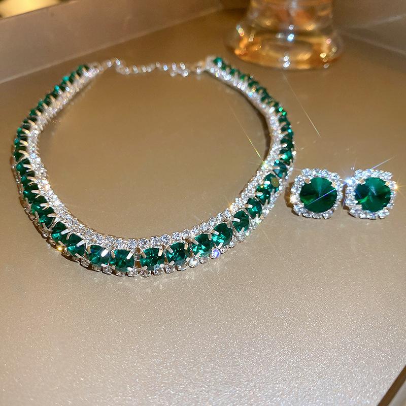 Lyx Halsband Örhängen Set Grön Kristall Halsband Kvinnor Bröllop Brud Smycken Tillbehör