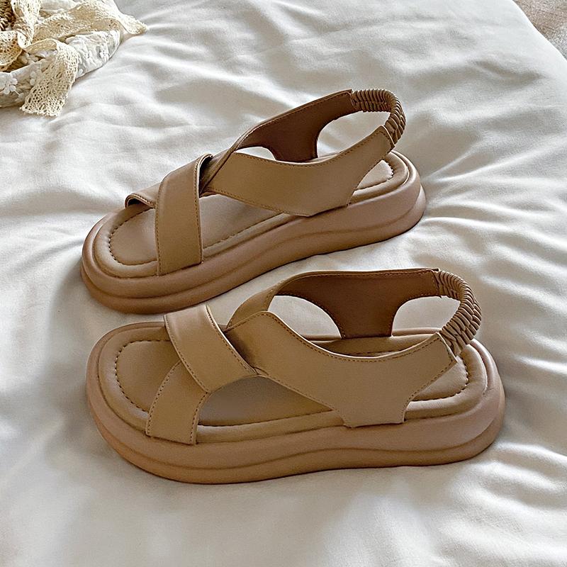 Female Sandal Comfort Shoes for Women Clogs with Heel Cross 2024 Summer Muffins Shoe Girls Beige New Velvet Thick Low Beach Fash